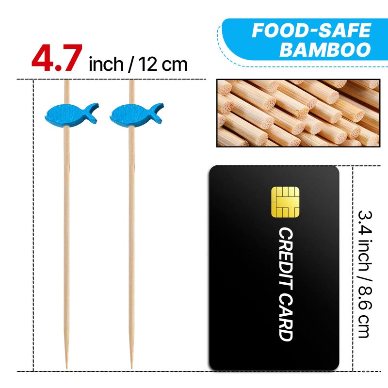 PuTwo Cocktail Toothpicks 100 Counts Cocktail Picks Handmade Natural Bamboo Cocktail Sticks Eco-Friendly Appetizer Skewers for Cocktail Appetizers Fruits Dessert - Blue Fishes - Image 2